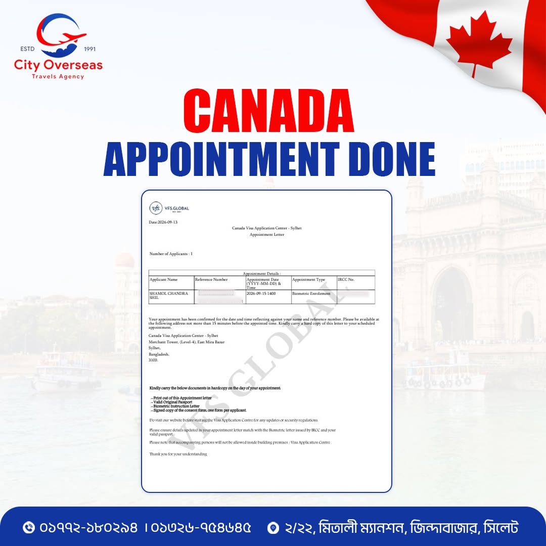 Great news! Canada Biometric Appointment successfully done! 🎉