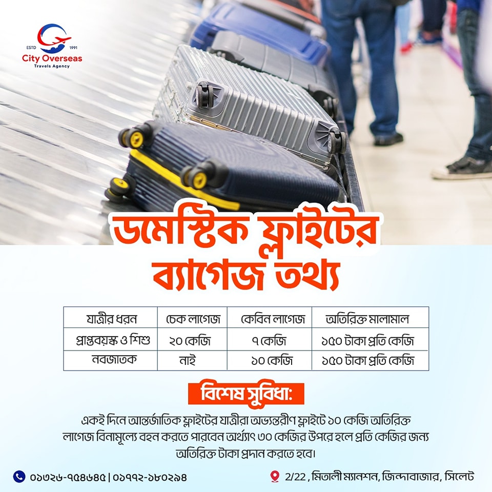 অভ্যন্তরীন ফ্লাইটে যাত্রীভেদে কত কেজি মালামাল বহন করা যায়